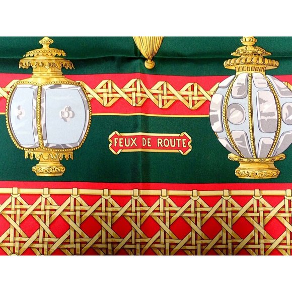 Authentic RARE! Hermes Feux De Route Vintage 90cm Green Red Silk Scarf - Picture 6 of 9